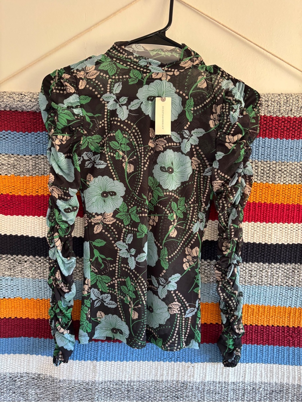 Anthropologie Black Floral Mock Neck Long Sleeve Sheer Layering Top